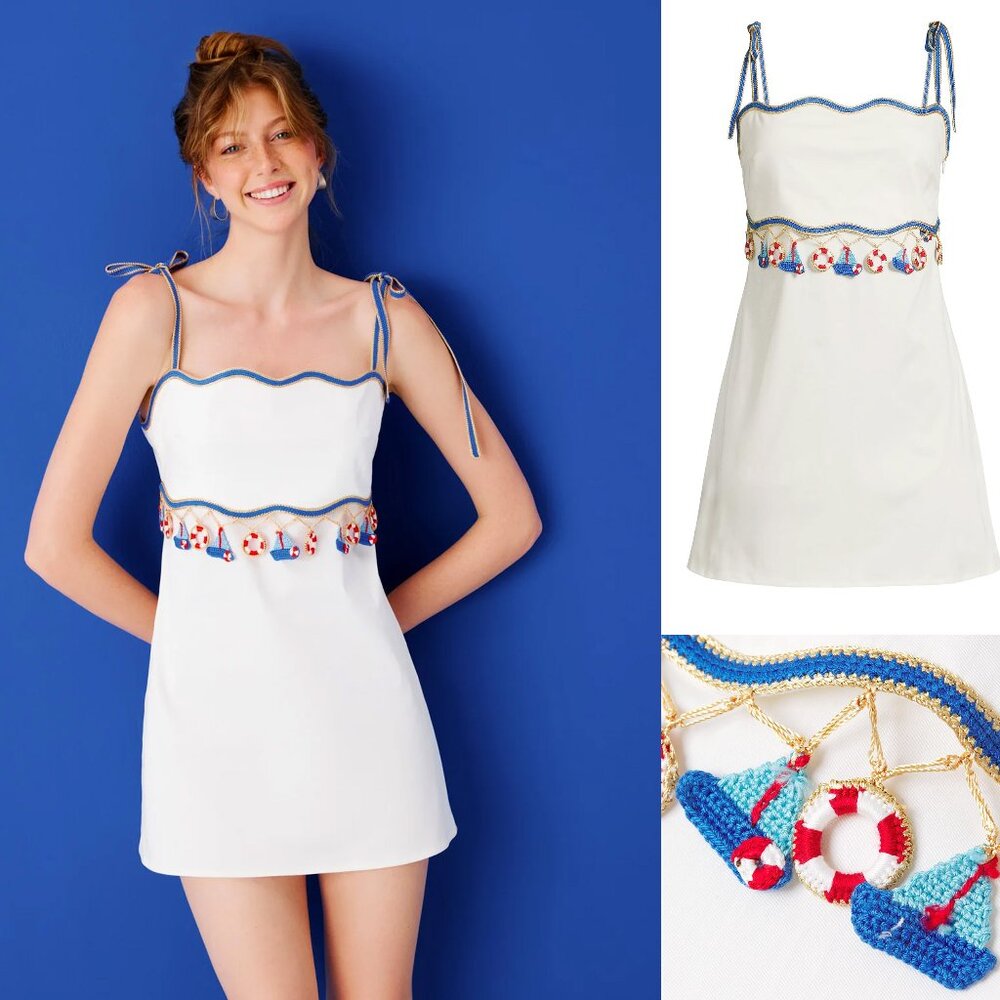 My Beachy Side Muse WHITE NAUTICAL CROCHET SAIL BOAT MINI DRESS LARGE NWT L